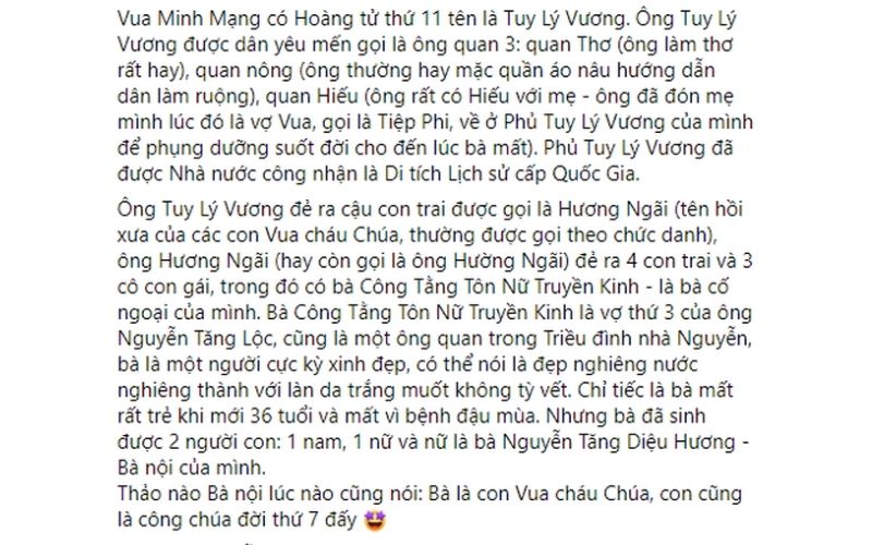 Bài đăng tự nhận là hậu duệ nhà Nguyễn của Hà Kiều Anh