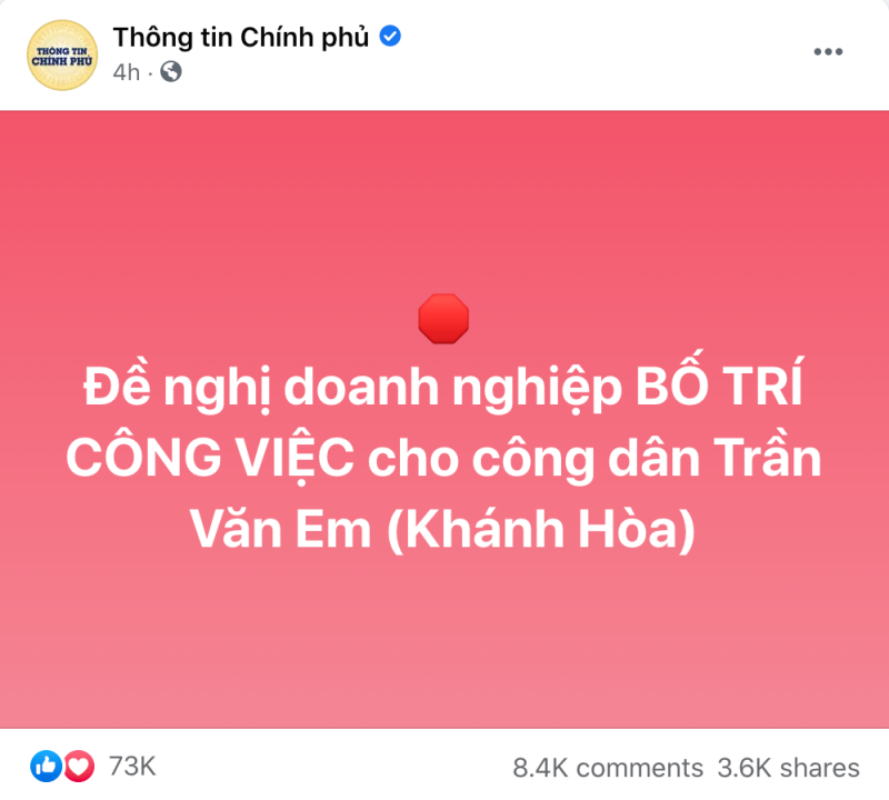 Trang Thông tin Chính phủ đề nghị bố trí công việc cho thanh niên Trần Văn Em