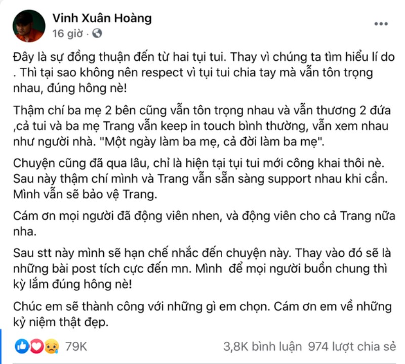 Bài đăng của Vinh Râu chia sẻ về việc li dị Lương Minh Trang