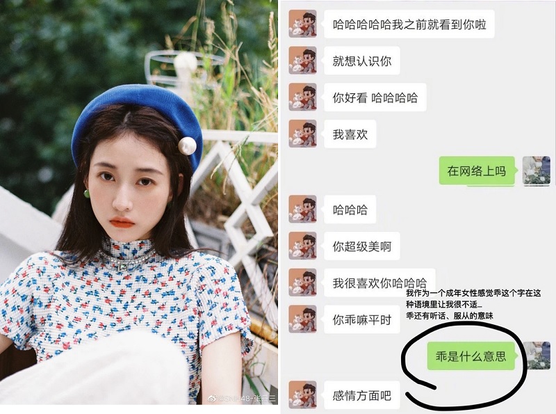 Trong tin nhắn, Ngô Diệc Phàm liên tục khen ngợi và gạ gẫm SNH48 Trương Đan Tam.