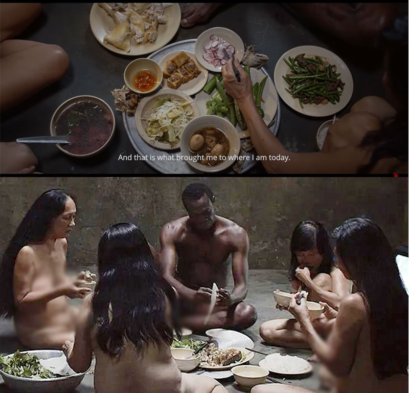 Cảnh 1 nam 4 nữ khỏa thân ngồi ăn cùng nhau