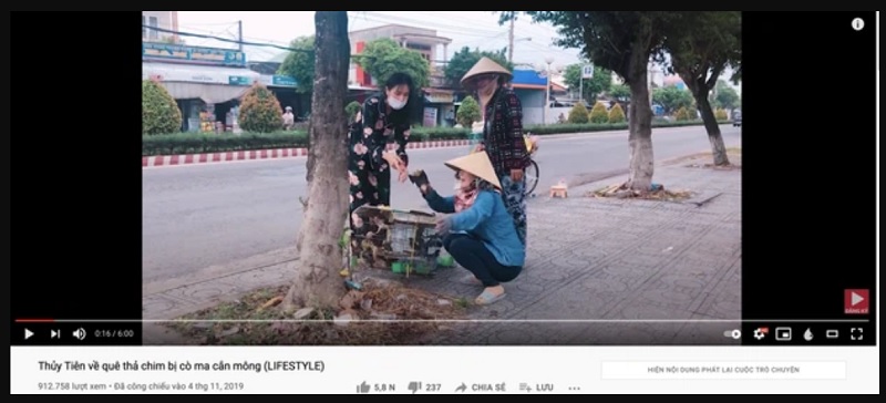 Thủy Tiên bị CĐM chỉ trích vì mua phóng sinh nhưng lại treo ngược đàn cò lên ô tô đem đi nơi khác thả 1 hình ảnh từ clip quay Thủy Tiên đi mua cò và chim để phóng sinh