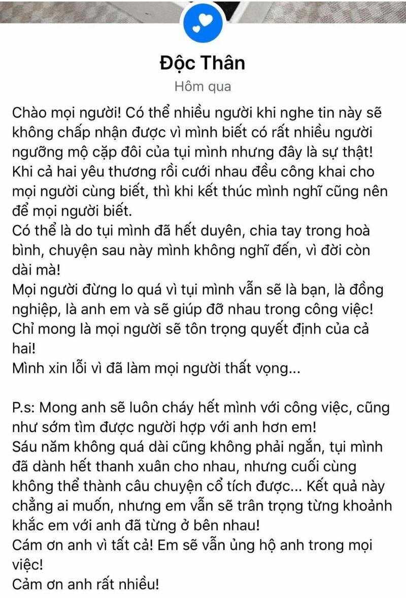 status thông báo ly hôn của Lương Minh Trang