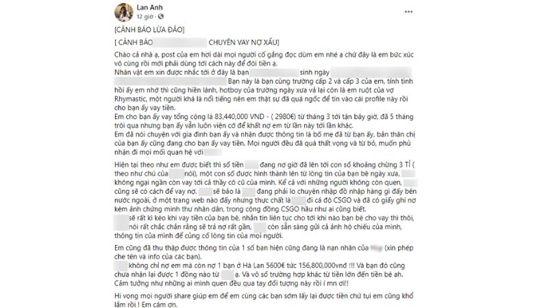 Bài đăng tố cáo của chủ facebook tên Lan Anh
