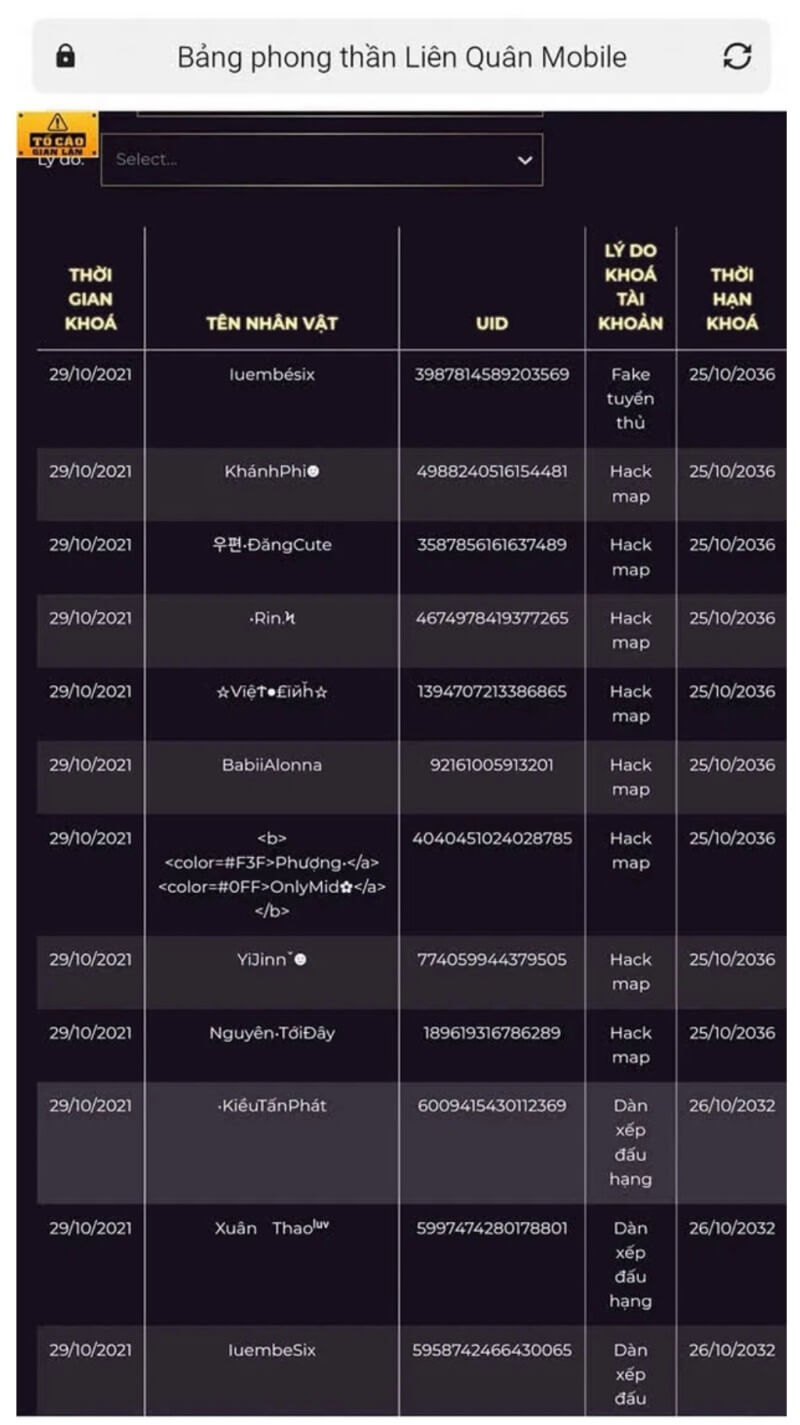 Bảng phong thần của loạt account liên quân bị xoá sổ