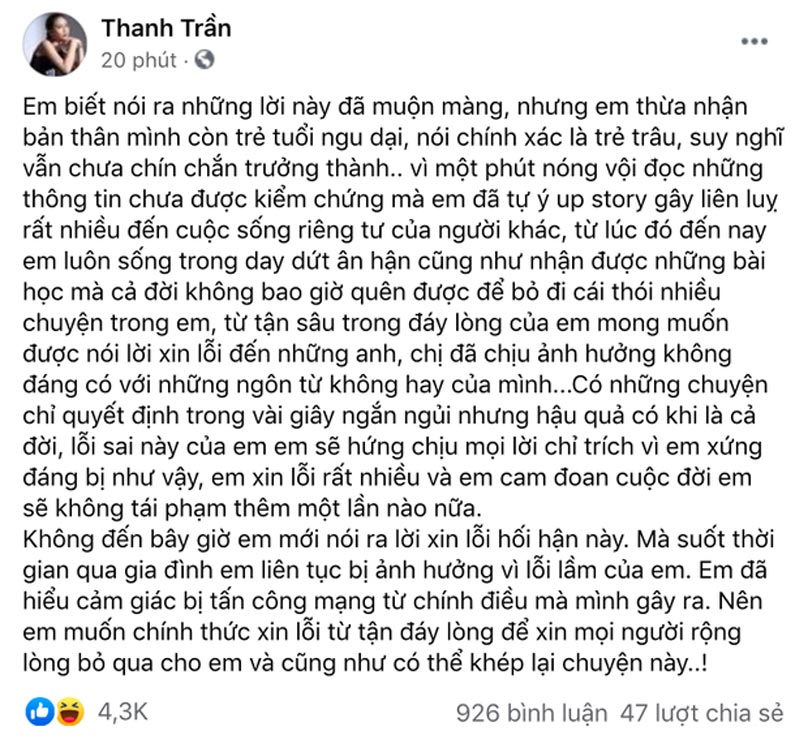 Thanh Trần xin lỗi