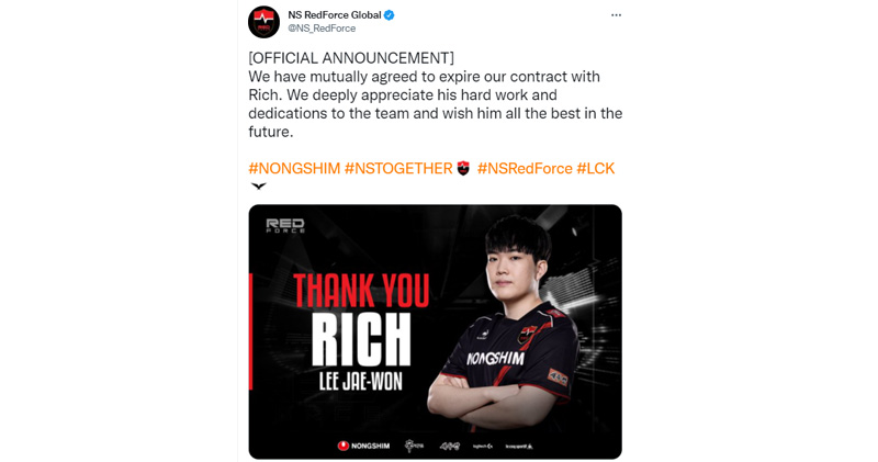 Tin tức LMHT: Việc Nongshim RedForce thông báo chia tay Rich làm nhiều fans khá bất ngờ