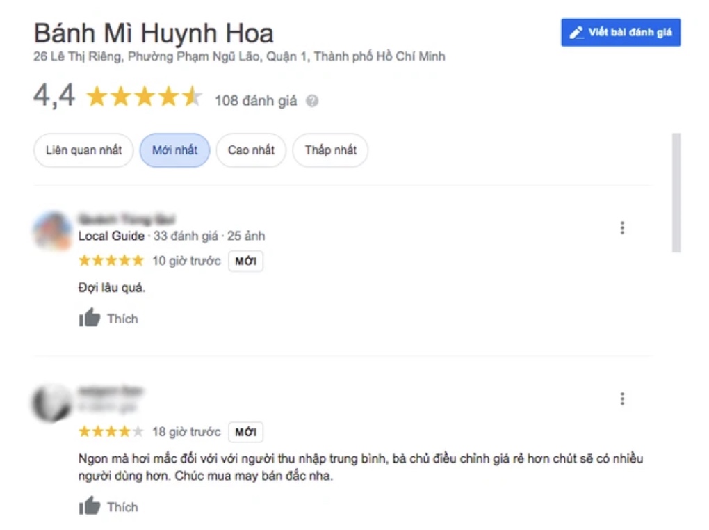 Điểm đánh giá trên google tiệm bánh mì Huỳnh Hoa