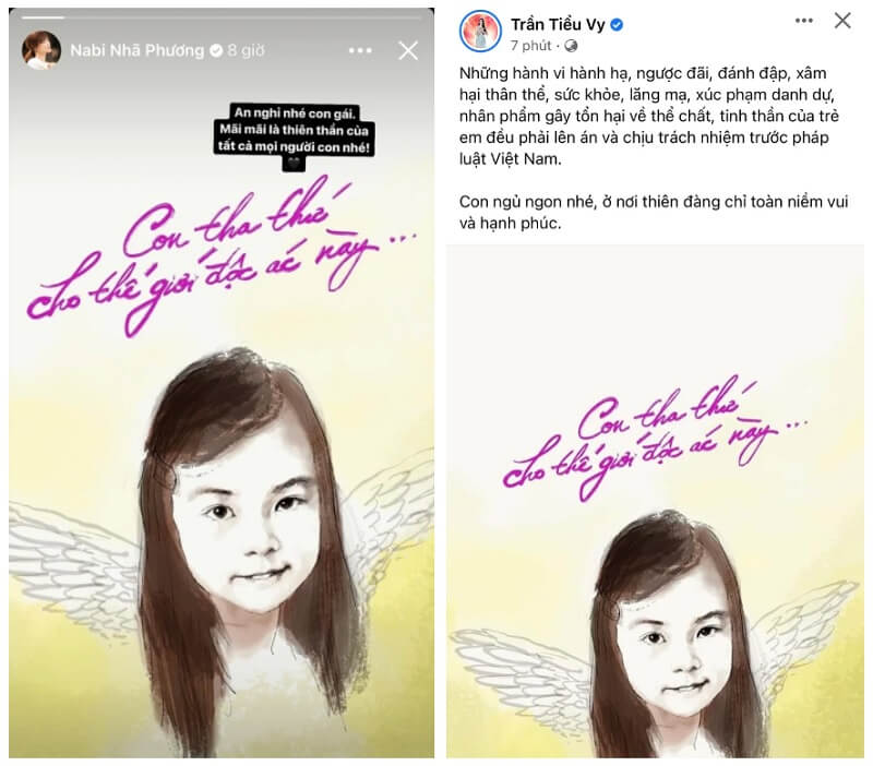 nhã phương và trần tiểu vy thể hiện sự xót thương với vụ việc dì ghẻ vụ bạo hành bé gái 8 tuổi