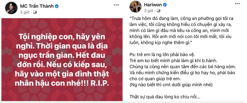 trấn thành và hari won thể hiện sự xót thương với vụ việc dì ghẻ vụ bạo hành bé gái 8 tuổi