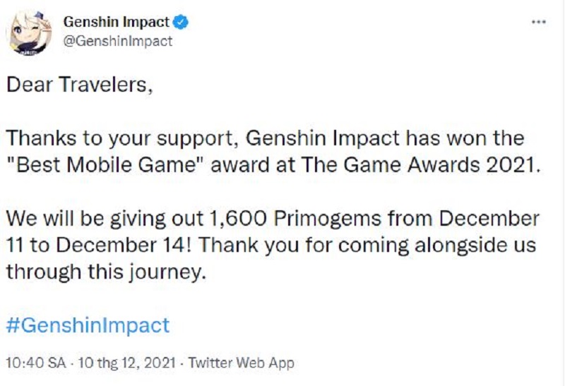Genshin Impact: Tặng 1.600 Primogems để cảm ơn fans đã gửi bình chọn