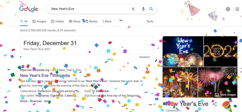google doodle new year đầy pháo giấy màu sắc