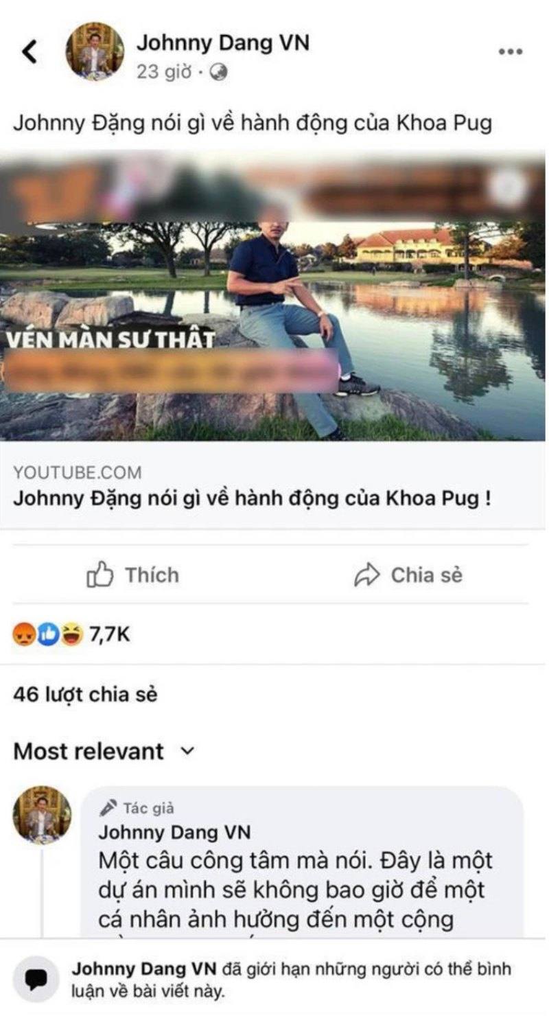 Johnny Dang khoá bình luận trang cá nhân 
