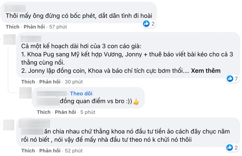 Nhiều người bình luận dưới bài đăng của Khoa Pug cho rằng bộ đôi đang diễn trò ve sầu thoát xác để chối bỏ trách nhiệm với nhà đầu tư. 1