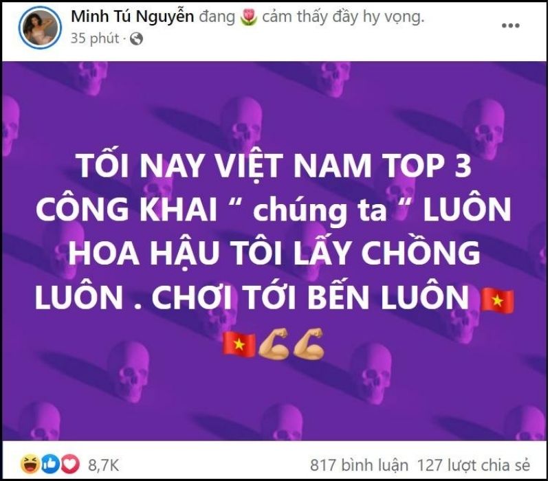 Trạng thái do Minh Tú đăng trên FB khi Thùy Tiên đăng quang