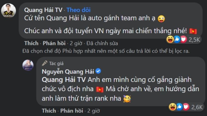 Quang Hải V Gaming rất phấn khích và không quên gửi lời chúc ngược lại cho người anh
