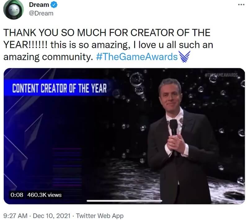 The Game Awards 2021: Content Creator of the Year - streamer Dream nói lời cảm ơn