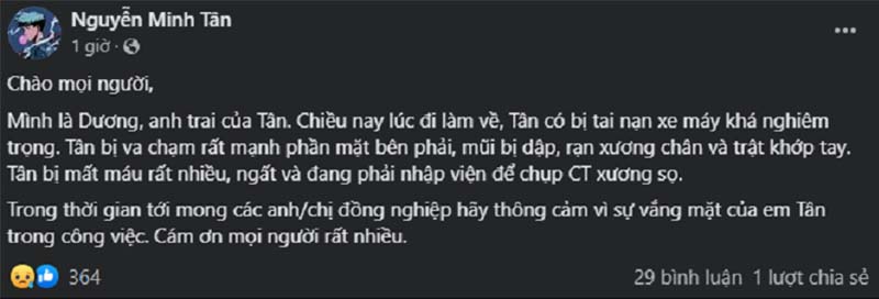 Người anh trai đăng tải thông tin BLV LMHT Minh Tân gặp nạn.