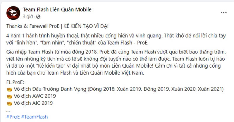 Liên Quân Mobile: ProE chính thức rời Team Flash