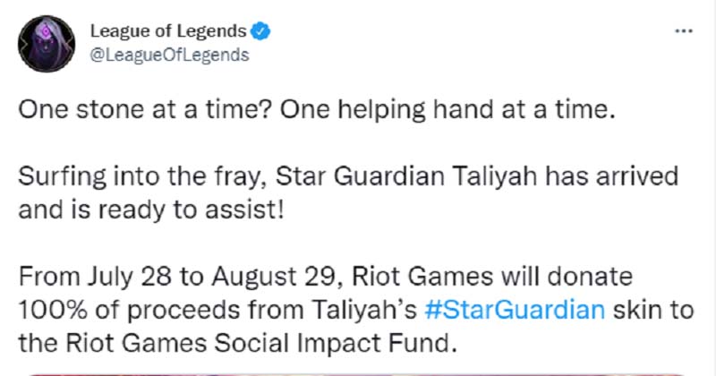 Riot Games thông báo kế hoạch làm từ thiện trên trang chủ.