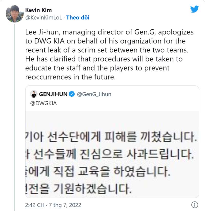 Gen.G xin lỗi công khai trên Twitter.