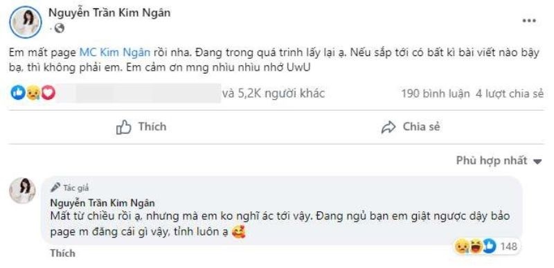 MC Kim Ngân bị hack facebook, quảng cáo 