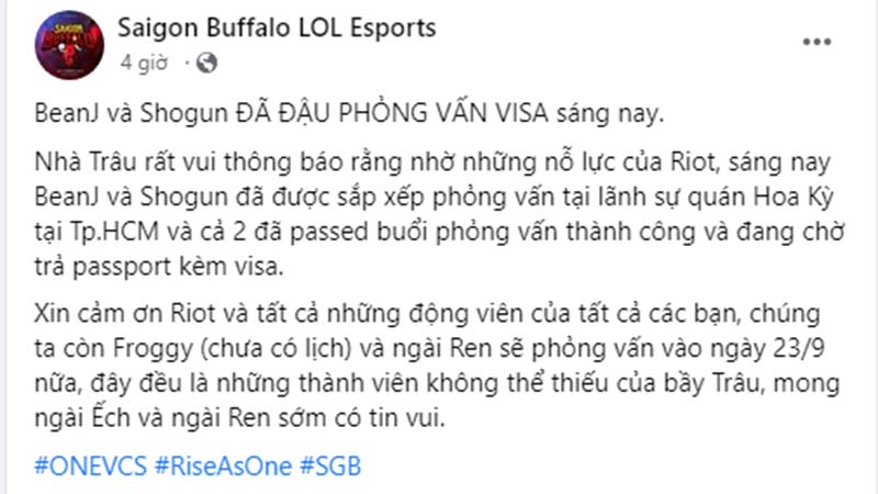 Saigon Buffalo thông báo rằng Shogun và BeanJ có 