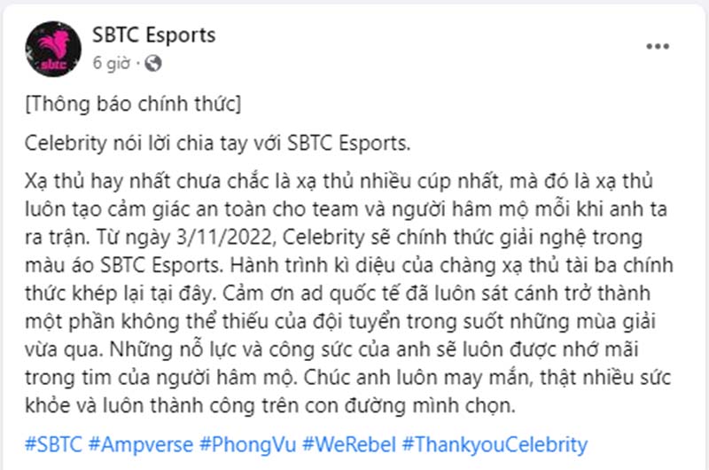 Người nổi tiếng giã từ sự nghiệp trong màu áo SBTC Esports