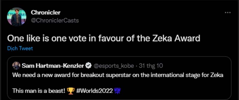 CKTG 2022: Thi đấu quá chói sáng, fan muốn Riot mở giải thưởng có tên Zeka