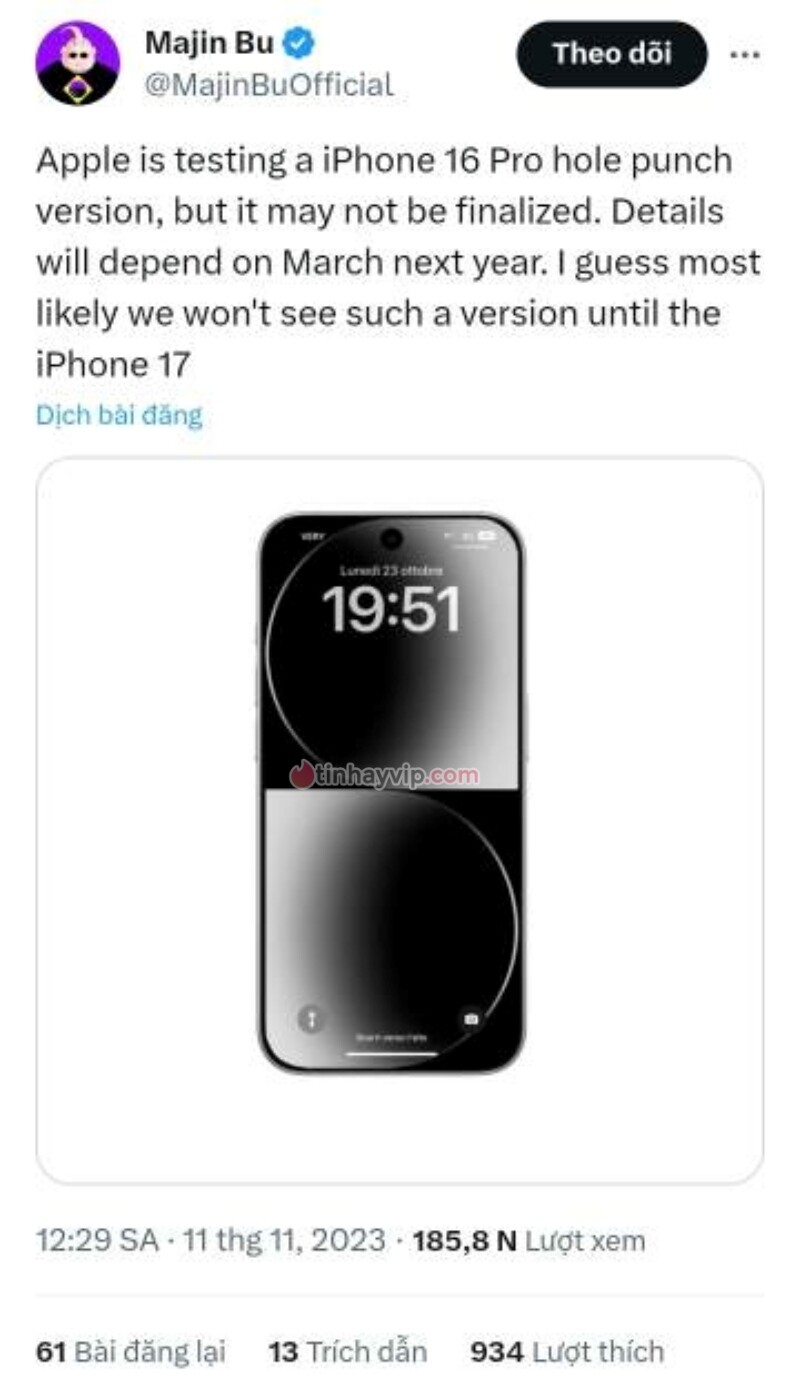 iPhone 16 Pro sẽ có màn hình đục lỗ?