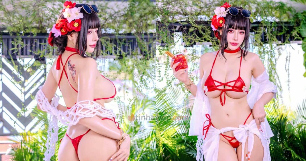 Byoru cosplay Sakura NIKKE 18+ với bikini gợi cảm