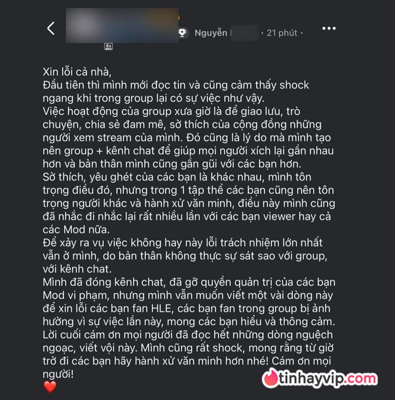 BLV Hoàng Sama đã buộc phải tuyên bố đóng vĩnh viễn group fan riêng.