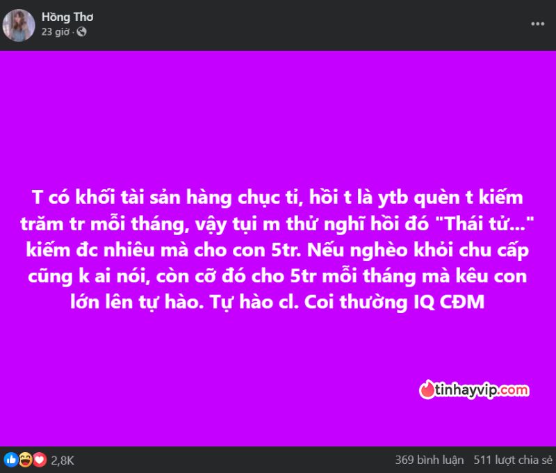 Tình hình Thiên An qua 24 giờ sau buổi họp báo của Jack Về phía bình luận của CĐM, một tài khoản nữ có hơn 167 nghìn lượt theo dõi tên Facebook đăng tải nhiều bài viết mỉa mai, mấp mé về bản sao kê mà mẹ con Jack công bố trong họp báo.