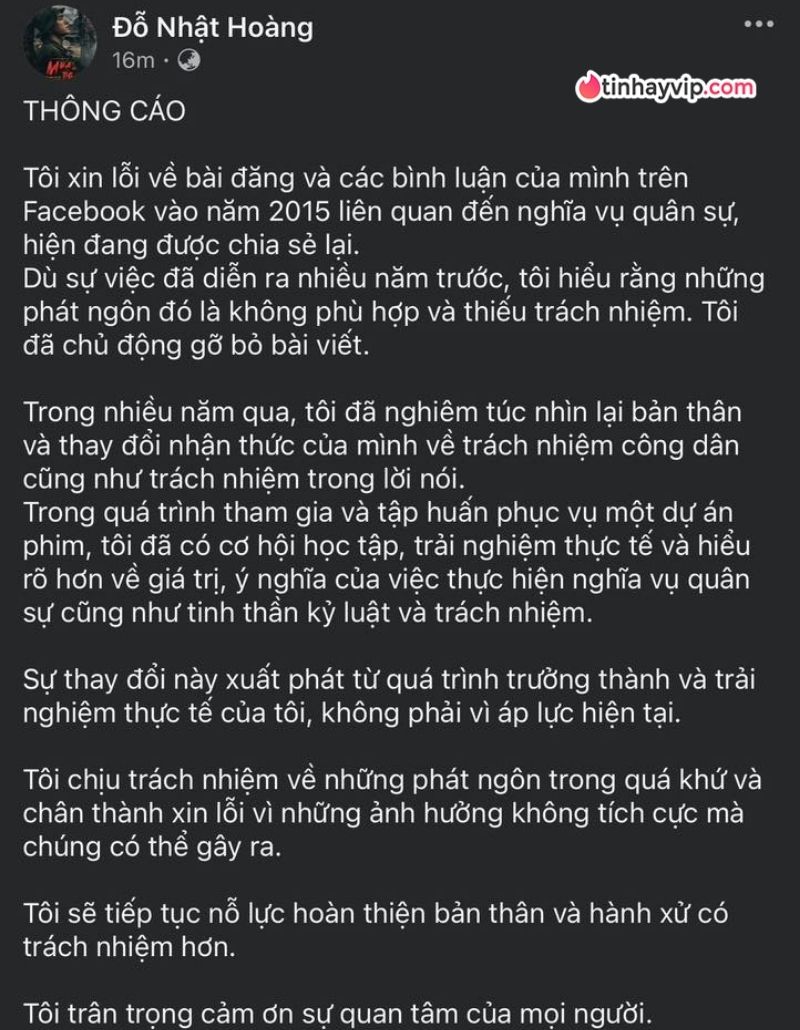 Đỗ Nhật Hoàng lên tiếng xin lỗi về phát ngôn gây tranh cãi