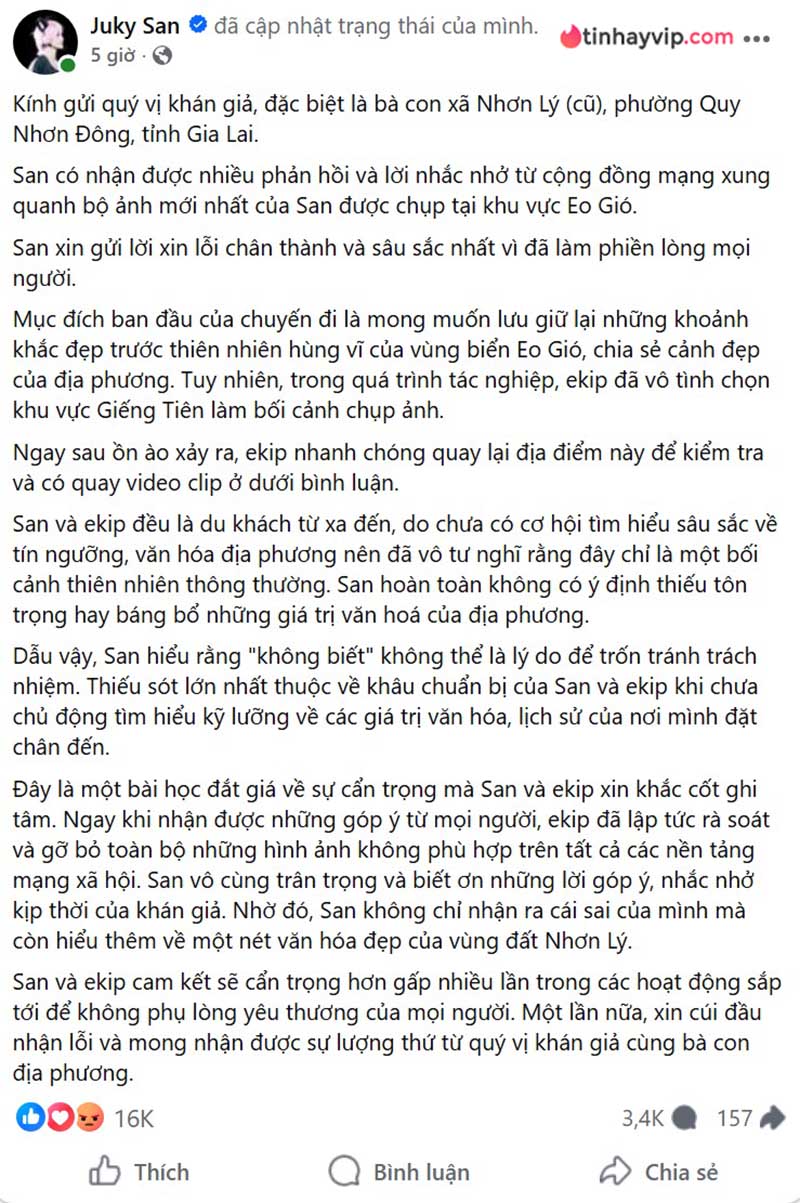 Em xinh Juky San lên tiếng sau hành động gây tranh cãi ở Giếng Tiên