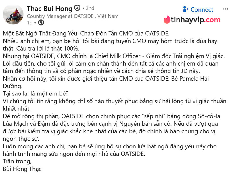 Oatside Việt Nam tuyển CMO trên LinkedIn rồi công bố “sếp” 4 tuổi: Vì sao cộng đồng phản ứng gay gắt?
