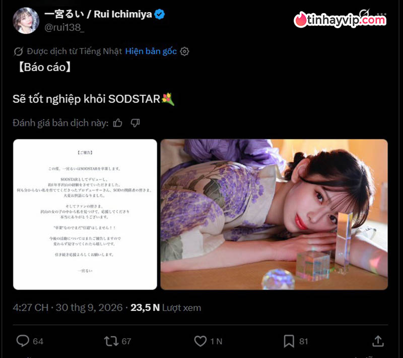 Rui Ichimiya thông báo tốt nghiệp SODstar sau 1 năm rưỡi